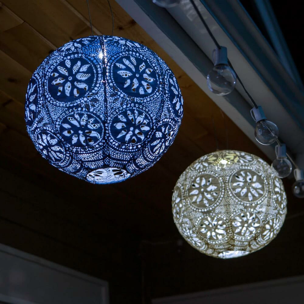 World Market Round Geometric Fabric Solar LED Lantern 6 World Market Round Geometric Fabric Solar LED Lantern - Image 4