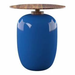 World Market Round Blue Ceramic and Acacia Wood Outdoor Accent Table