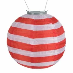 World Market Round Red and White Stripe Fabric Solar LED Lantern