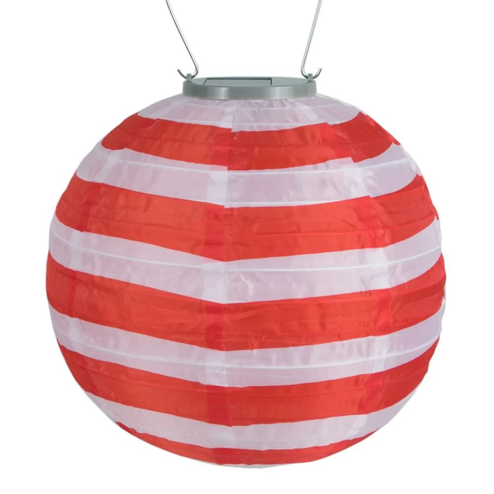 World Market Round Red and White Stripe Fabric Solar LED Lantern 3 World Market Round Red and White Stripe Fabric Solar LED Lantern