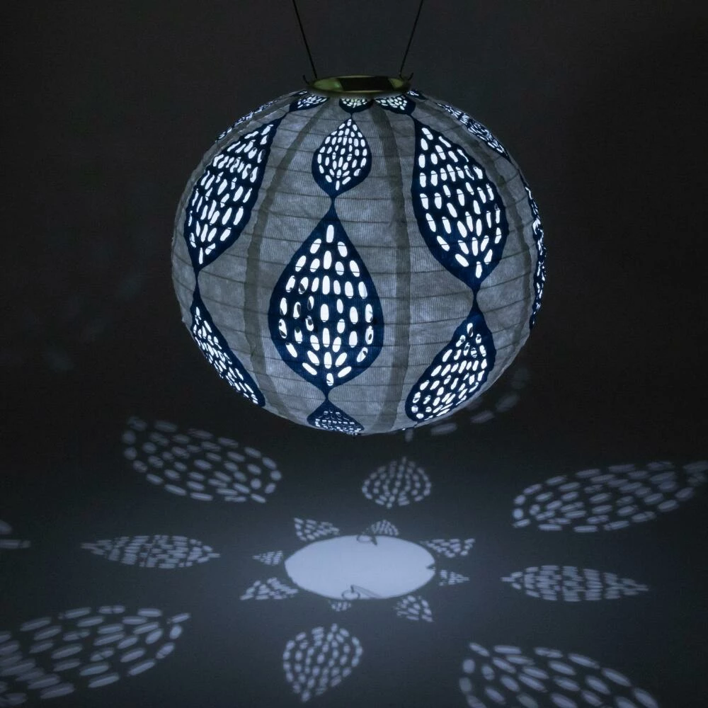 World Market Round Indigo Blue Leaf Fabric Solar LED Lantern 4 World Market Round Indigo Blue Leaf Fabric Solar LED Lantern - Image 2