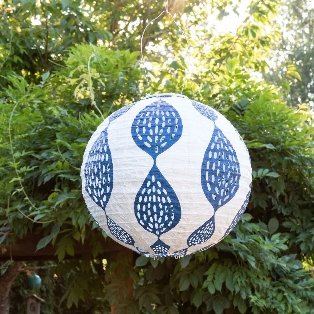 World Market Round Indigo Blue Leaf Fabric Solar LED Lantern 5 World Market Round Indigo Blue Leaf Fabric Solar LED Lantern - Image 3