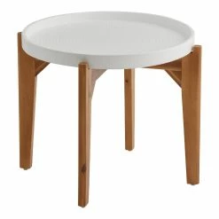World Market Dorothy Round White Cement and Acacia Outdoor Accent Table