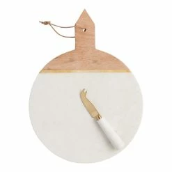 World Market White Marble and Wood Cheese Board and Knife Set